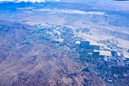 Palm Springs CA (and Palm Springs airport) Cathedral City CA, and Thousand Palms CA, seen from air