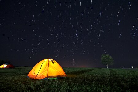 Tent star tracks starry sky photo