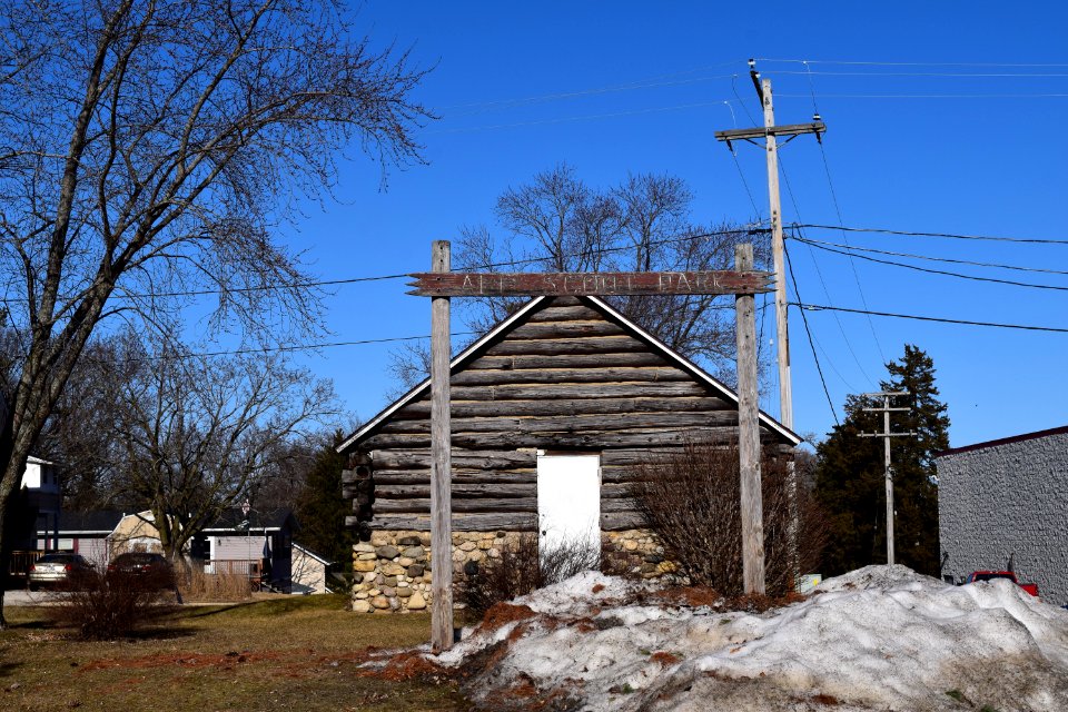 Palmyra Boy Scout Cabin from front, with sign