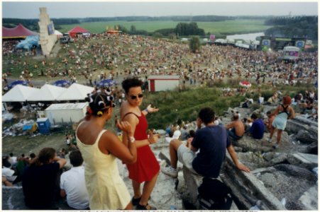 Panorama over het swingende publiek bij de derde editie van housefestival Dance Valley in recreatiegebied Spaarnwoude. NL-HlmNHA 54037201