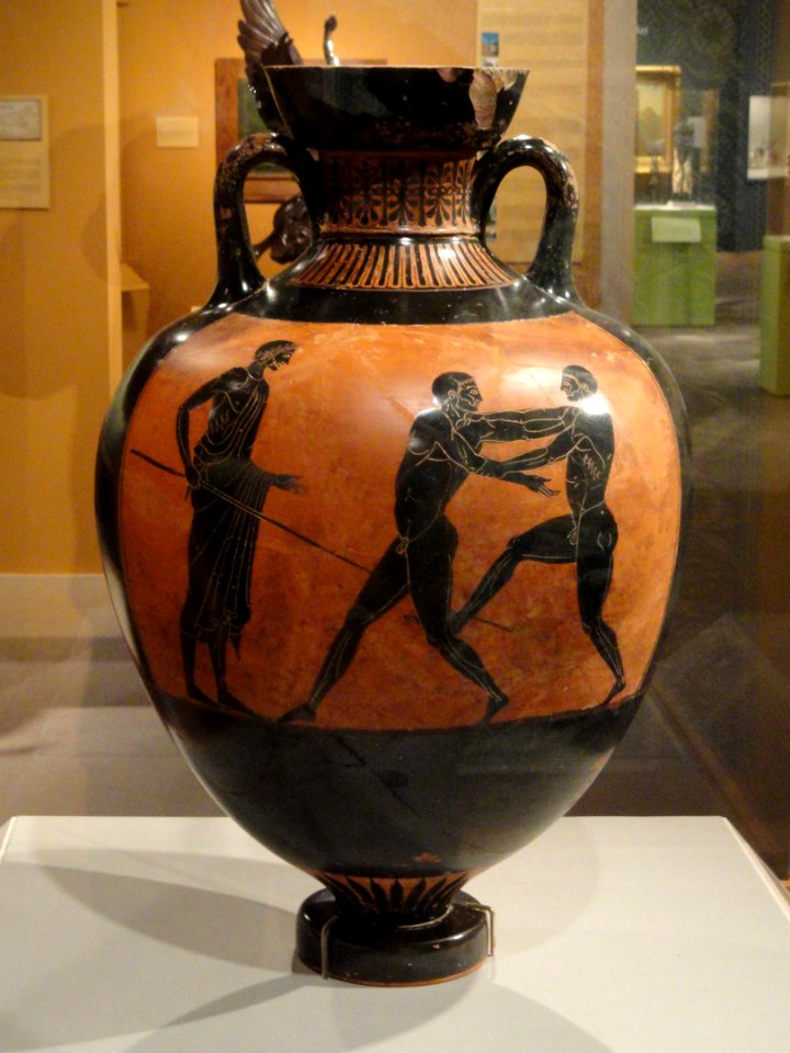 Panathenaic Amphora by the Berlin Painter, inscribed TON ATHENETHEN ATHLON, c. 480-470 BC, earthenware with slip decoration, view 1 - Hood Museum of Art - DSC09142 01