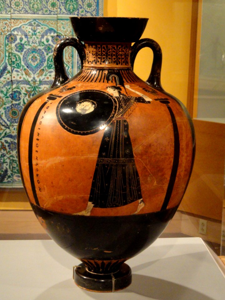 Panathenaic Amphora by the Berlin Painter, inscribed TON ATHENETHEN ATHLON, c. 480-470 BC, earthenware with slip decoration, view 1 - Hood Museum of Art - DSC09142 02