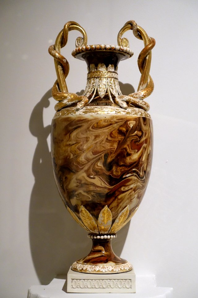 Pair of vases with snake handles, 1 of 2, 1775-1778, white terracotta stoneware, surface agate slip, applied ornaments - Wedgwood Museum - Barlaston, Stoke-on-Trent, England - DSC09660