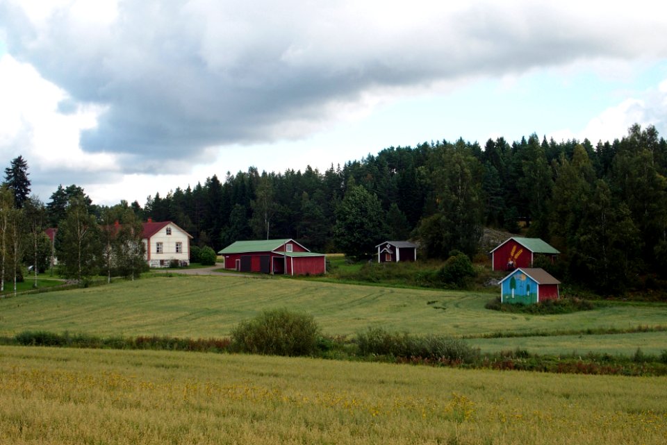 Painted murals on farm buildings in Vesijako, Padasjoki, Finland