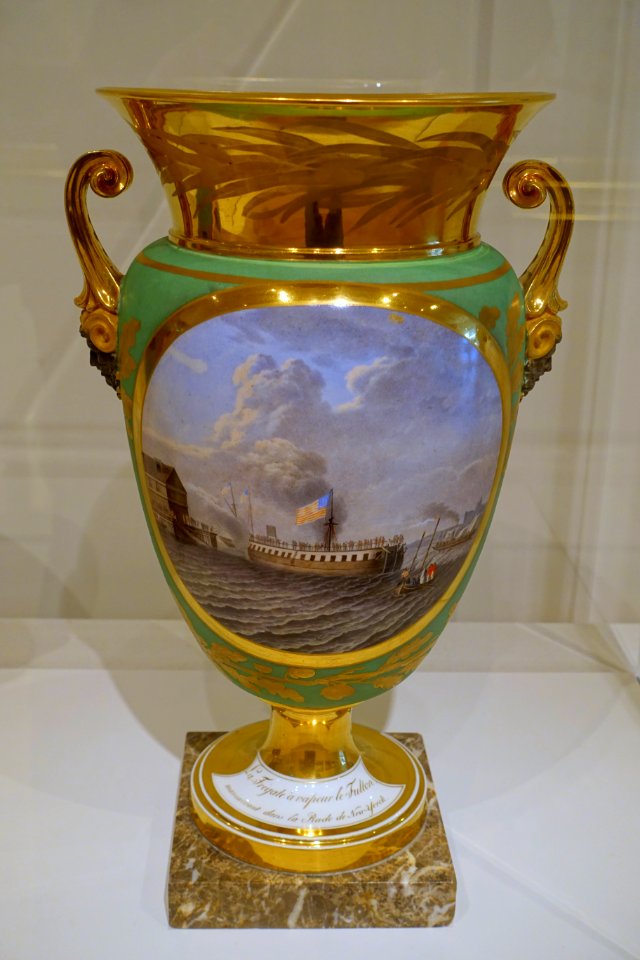 Pair of vases representing the War of 1812, 2 of 2, the USS Demologos, attributed to Pierre Louis Dagoty, c. 1817, porcelain, marble, enamel - Peabody Essex Museum - DSC06942