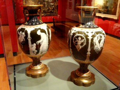 Pair of Vases, view 1, Marc-Louis-Emmanuel Solon, Minton factory, England, 1880, porcelain, polychromy, gilding, bronze bases - Mount Holyoke College Art Museum - DSC04599