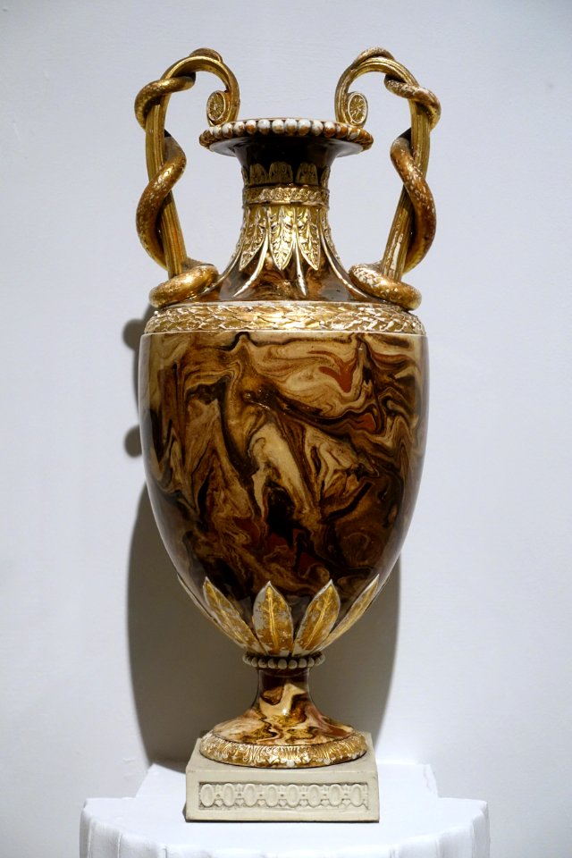 Pair of vases with snake handles, 2 of 2, 1775-1778, white terracotta stoneware, surface agate slip, applied ornaments - Wedgwood Museum - Barlaston, Stoke-on-Trent, England - DSC09662