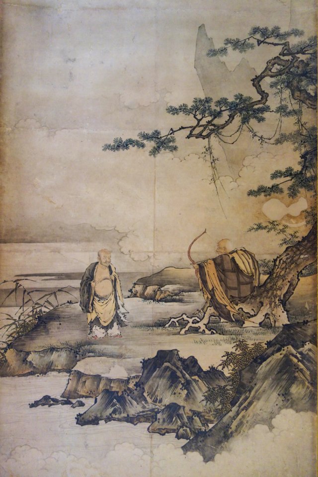 Painting on Zen Enlightenment (Sanping baring his chest and Shigong stretching his bow), attributed to Kano Motonobu, v2,Muromachi period, 16th century, panel from Daisen-in temple - Tokyo National Museum - DSC05824