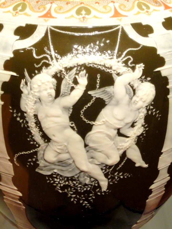 Pair of Vases, view 3, Marc-Louis-Emmanuel Solon, Minton factory, England, 1880, porcelain, polychromy, gilding, bronze bases - Mount Holyoke College Art Museum - DSC04601