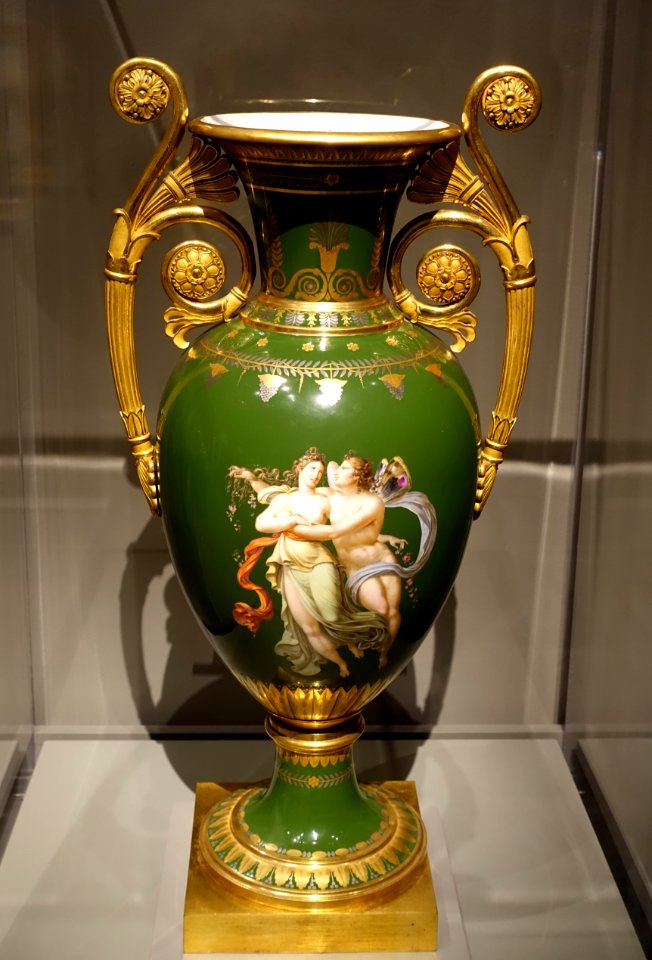 Pair of green vases, painted by Jean Georget, mounts by Pierre-Philippe Thomire, 2 of 2, Sèvres porcelain, 1809, soft-paste porcelain - Wadsworth Atheneum - Hartford, CT - DSC05497