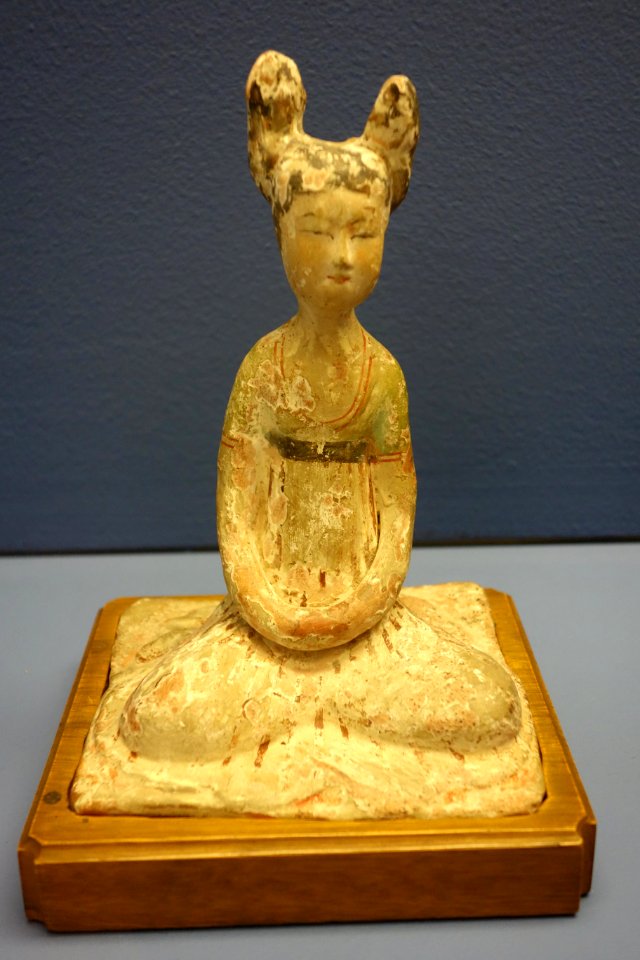 Pair of seated court dancers, dancer 1, China, Tang dynasty, 618-906 AD, ceramic with slip glaze, painted - Fitchburg Art Museum - DSC08749
