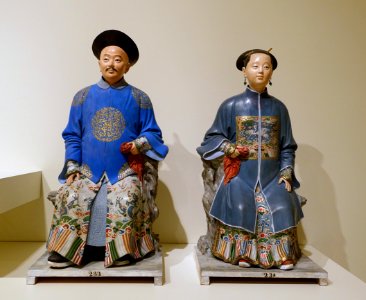 Pair of nodding head figures, Guangzhou, China, c. 1803, unfired clay, paint, gold on wood base - Peabody Essex Museum - DSC07342