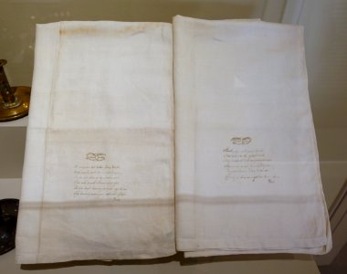 Pair of pillow cases with loving poems, made by Eliza Gordon for Sarah Goffe Gordon, Bedford, New Hampshire, c. 1821, linen - Concord Museum - Concord, MA - DSC05839
