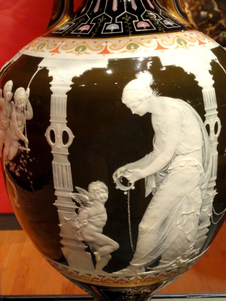 Pair of Vases, view 2, Marc-Louis-Emmanuel Solon, Minton factory, England, 1880, porcelain, polychromy, gilding, bronze bases - Mount Holyoke College Art Museum - DSC04600