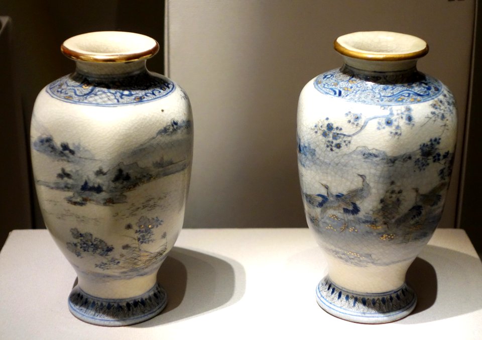 Pair of Vases, Japan, undated, earthenware with crackled transparent glaze, overglaze cobalt, and gold - Chazen Museum of Art - DSC02429