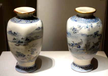 Pair of Vases, Japan, undated, earthenware with crackled transparent glaze, overglaze cobalt, and gold - Chazen Museum of Art - DSC02429