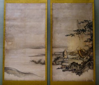 Painting on Zen Enlightenment (Sanping baring his chest and Shigong stretching his bow), attributed to Kano Motonobu, v1,Muromachi period, 16th century, panel from Daisen-in temple - Tokyo National Museum - DSC05830