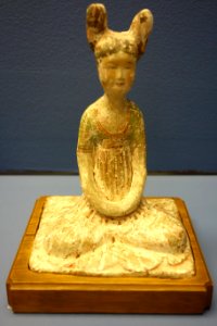 Pair of seated court dancers, dancer 2, China, Tang dynasty, 618-906 AD, ceramic with slip glaze, painted - Fitchburg Art Museum - DSC08750