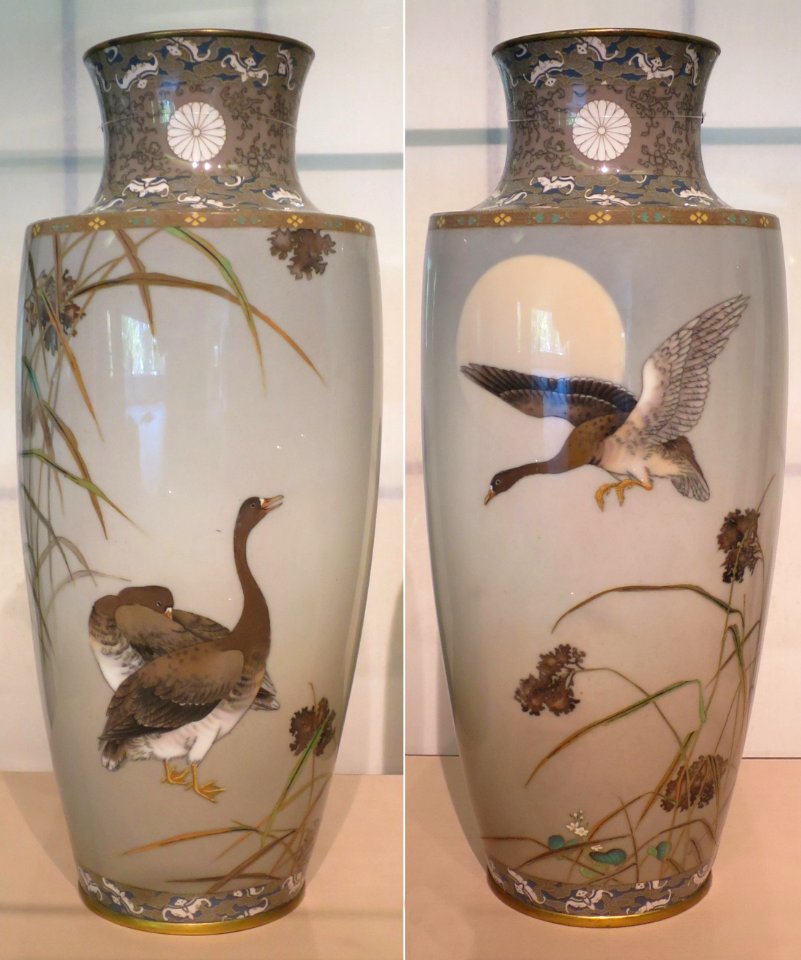 Pair of cloisonné vases with designs of geese by Namikawa Sosuke