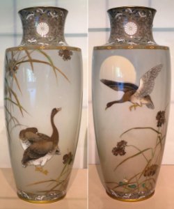 Pair of cloisonné vases with designs of geese by Namikawa Sosuke photo