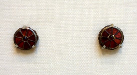 Pair of Cloisonne Disk Brooches, Frankish, first half of 6th century, gilt silver, garnets with patterned foil backings, lent by Metropolitan Museum of Art - Chazen Museum of Art - DSC01934