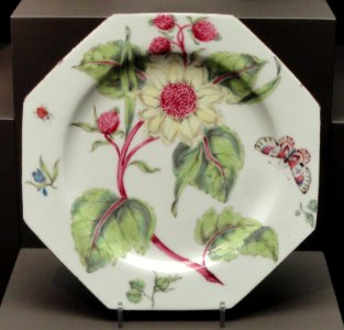 Pair of botanical plates, plate 1, c. 1756-1760, Bow Porcelain Works, bone-ash soft-paste porcelain, overglaze enamels - Gardiner Museum, Toronto - DSC01055