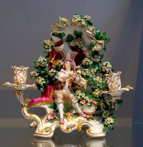 Pair of candlesticks A, 2 of 2, Chelsea Porcelain Factory, c. 1760, soft-paste porcelain - Wadsworth Atheneum - Hartford, CT - DSC05450