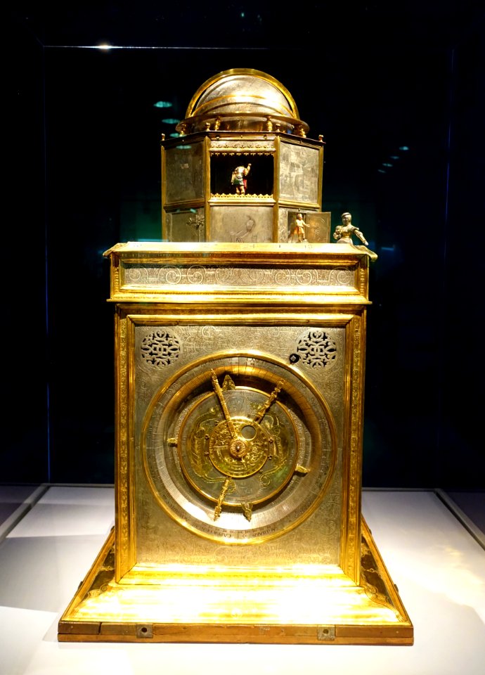 Planetary Clock by Philipp Imser with Gerhard Emmoser, German, c. 1554-1561, gilt and silvered copper, brass, iron, view 1 - Metropolitan Museum of Art - New York City - DSC06871