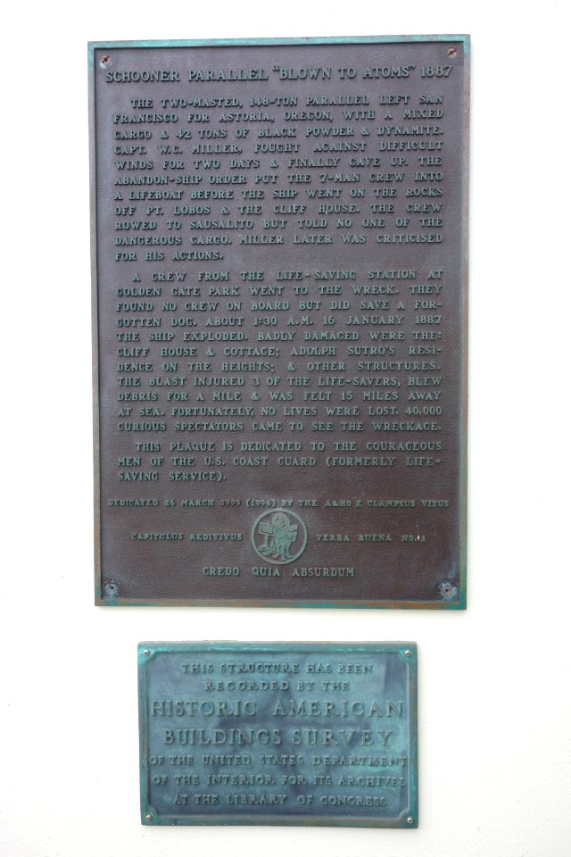 Plaques for Schooner Parallel (E Clampus Vitus) and Cliff House (HABS) - Cliff House, San Francisco, CA - DSC03476