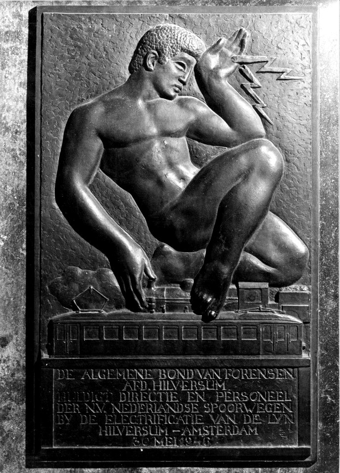 Plaquette ter gelegenheid van de electrificatie van de spoorlijn Hilversum-Amsterdam (1946) van Joop Hekman