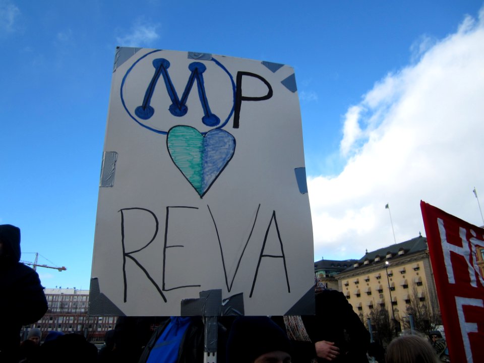 Placard against Swedish Green Party at demonstration against Swedish migration policy in Stockholm
