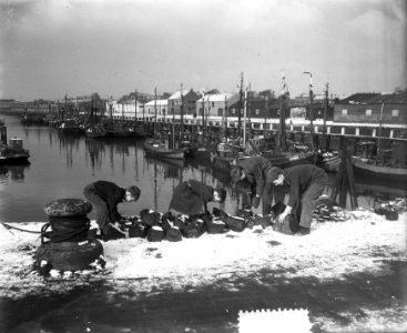 Plaatjes uit IJmuiden. Werkzaamheden aan de kade van de Vissershaven met basaltb, Bestanddeelnr 905-5498
