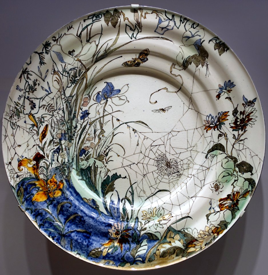 Plate with Spiderweb, Plant, and Insect Design, J. C. Heitz, made by Rozenburg Plateelfabriek, The Hague, Netherlands, 1892, lead-glazed earthenware - Busch-Reisinger Museum, Harvard University - DSC01981