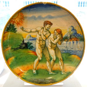 Plate depicting Adam and Eve, Urbino, Italy, mid 1500s, maiolica - California Palace of the Legion of Honor - DSC07650