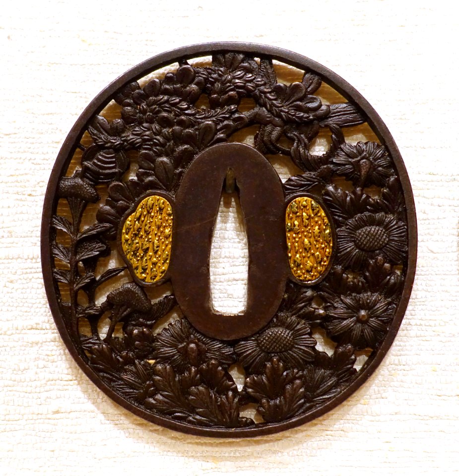 Plants of Early Autumn, tsuba, Japan, iron, gold - Peabody Essex Museum - DSC07460