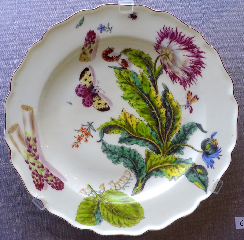 Plate with poppy and asparagus, Chelsea porcelain, c. 1755, soft-paste porcelain - California Palace of the Legion of Honor - San Francisco, CA - DSC02961