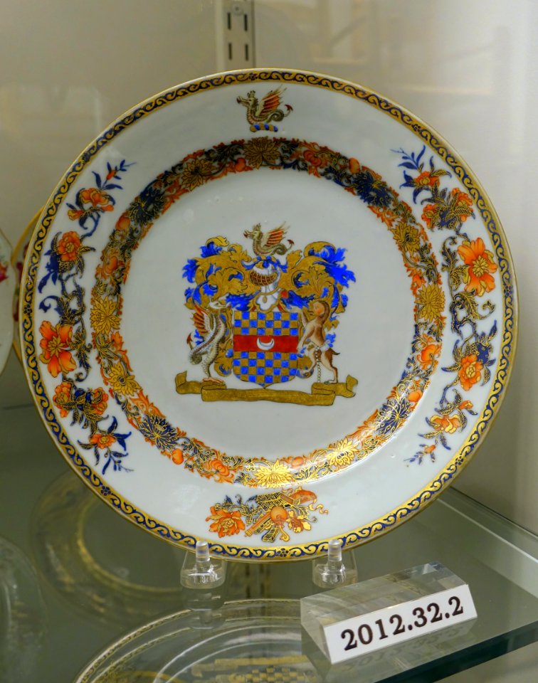 Plate with arms of the Clifford family of Chudleigh, Devon, England, China, 1735-1745, porcelain, enamels, gilt, HD 2012.33.2 - Flynt Center of Early New England Life - Deerfield, Massachusetts - DSC04782