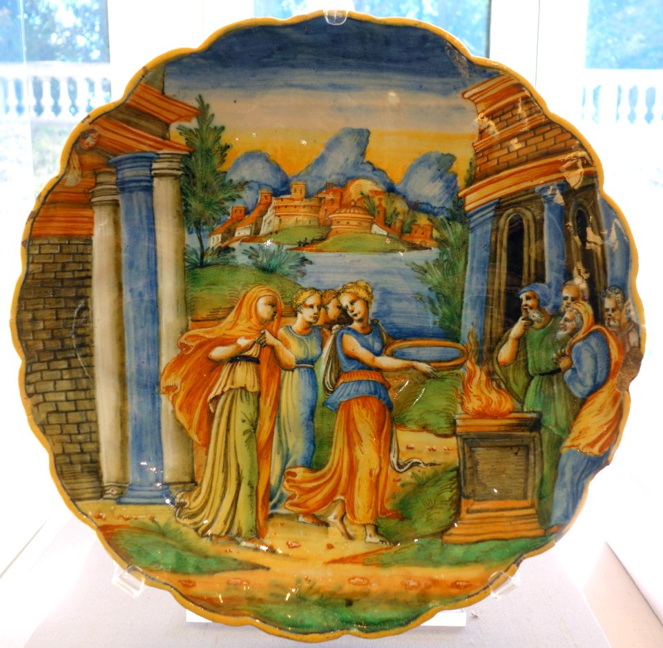 Plate with figures in a landscape, Italy, probably Urbino, inscribed on reverse 'Forzia grado porzo alzo acua coleribolo', 1575-1600, maiolica - California Palace of the Legion of Honor - DSC07646