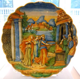 Plate with figures in a landscape, Italy, probably Urbino, inscribed on reverse 'Forzia grado porzo alzo acua coleribolo', 1575-1600, maiolica - California Palace of the Legion of Honor - DSC07646