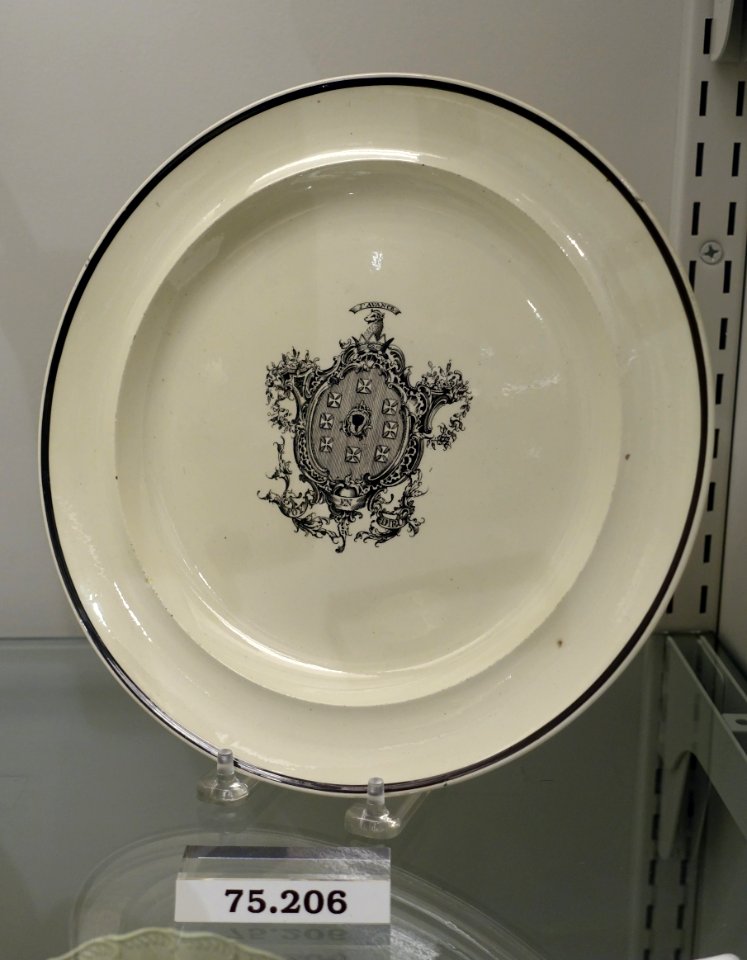Plate with armorial of botanist John Bartram, Staffordshire or Yorkshire, 1775-1800, transferware (creamware), HD 75.206.1 - Flynt Center of Early New England Life - Deerfield, Massachusetts - DSC04577