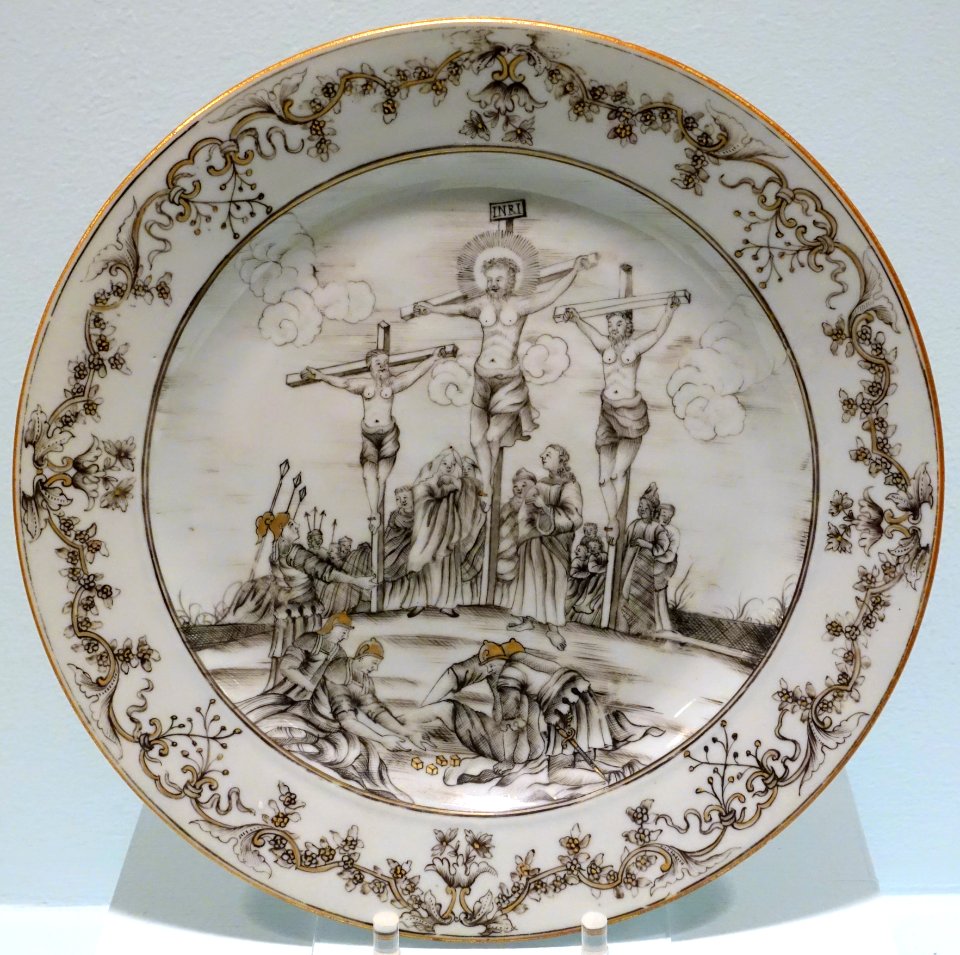 Plate of Jesuit ware with crucifixion scene, Chinese export, c. 1745, porcelain, polychrome enamel, gilding - Krannert Art Museum, UIUC - DSC06608