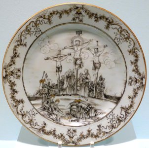 Plate of Jesuit ware with crucifixion scene, Chinese export, c. 1745, porcelain, polychrome enamel, gilding - Krannert Art Museum, UIUC - DSC06608