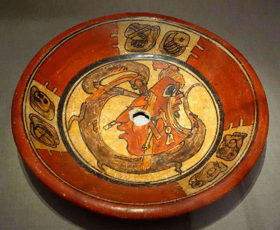 Plate with Maize God imagery, Mexico, Central Maya area, Late Classic Maya, 600-900 AD, earthenware and pigment - De Young Museum - DSC00604