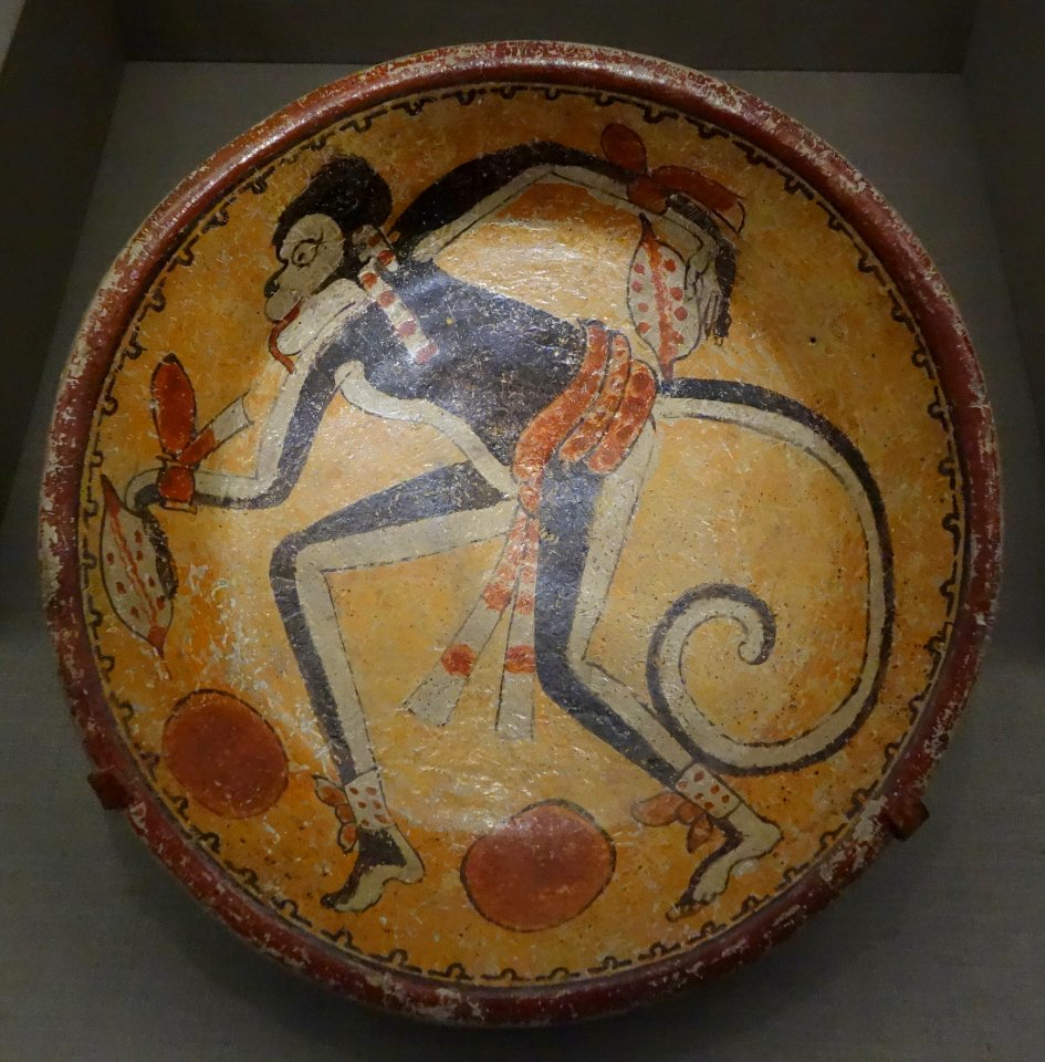 Plate with monkey and cacao pods, Mexico or Guatemala, Central Maya area, Late Classic Maya, 600-900 AD, earthenware and pigment - De Young Museum - DSC00641