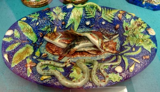 Plate with fishes and snakes, etc., by Barbizet & fils, Paris, after Bernard Palissy, before 1873, lead-glazed earthenware - Germanisches Nationalmuseum - Nuremberg, Germany - DSC03172