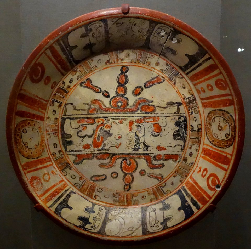 Plate with Maize God imagery, Mexico or Guatemala, Central Maya area, 600-900 AD, earthenware and pigment - De Young Museum - DSC00634