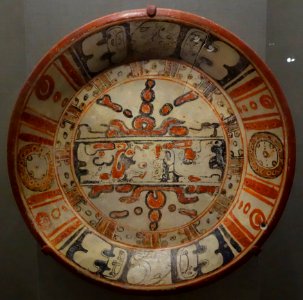 Plate with Maize God imagery, Mexico or Guatemala, Central Maya area, 600-900 AD, earthenware and pigment - De Young Museum - DSC00634