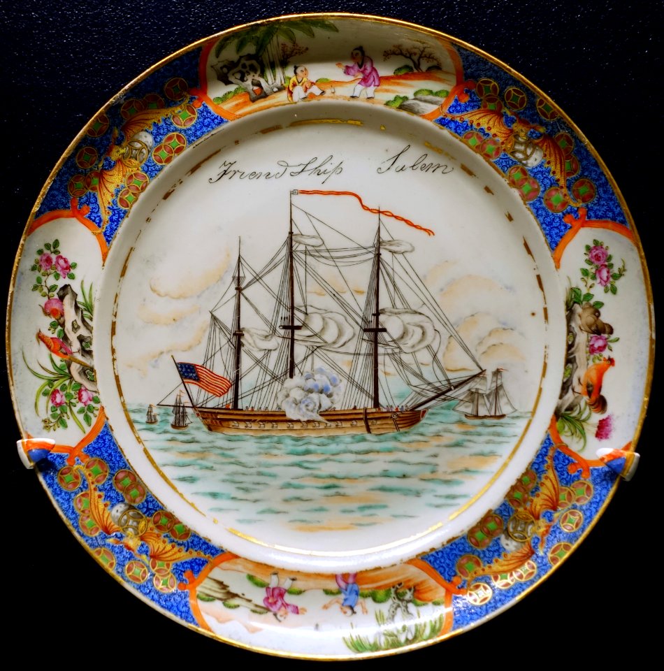 Plate with the American ship Friendship of Salem, Jingdezhen, China, c. 1832 AD, porcelain - Peabody Essex Museum - Salem, MA - DSC05190