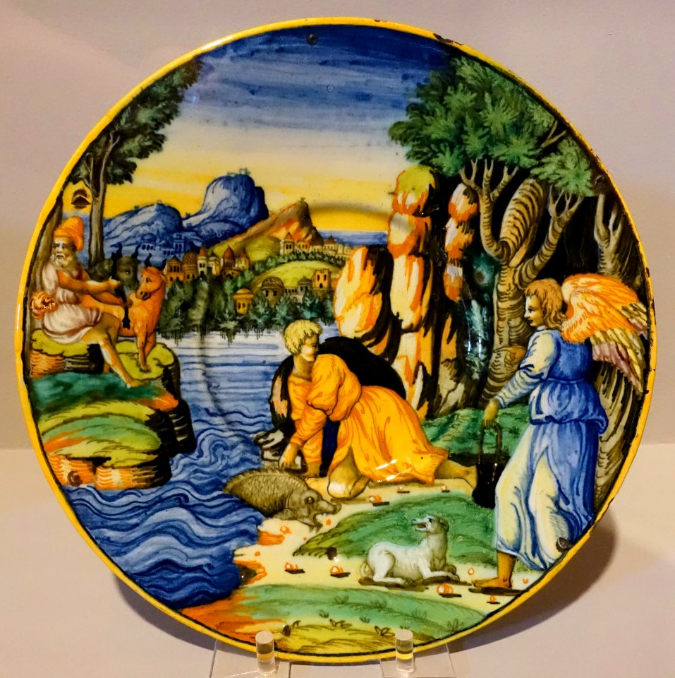 Plate depicting Tobias and the Angel, Urbino, Italy, c. 1550, tin-glazed earthenware - Krannert Art Museum, UIUC - DSC06379