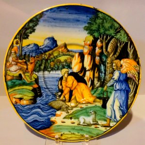 Plate depicting Tobias and the Angel, Urbino, Italy, c. 1550, tin-glazed earthenware - Krannert Art Museum, UIUC - DSC06379